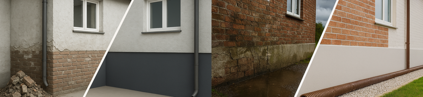 Vier Ansichten von Hausfassaden vor und nach professioneller Hausabdichtung in Frankfurt gegen Feuchtigkeit und Wasserschäden.