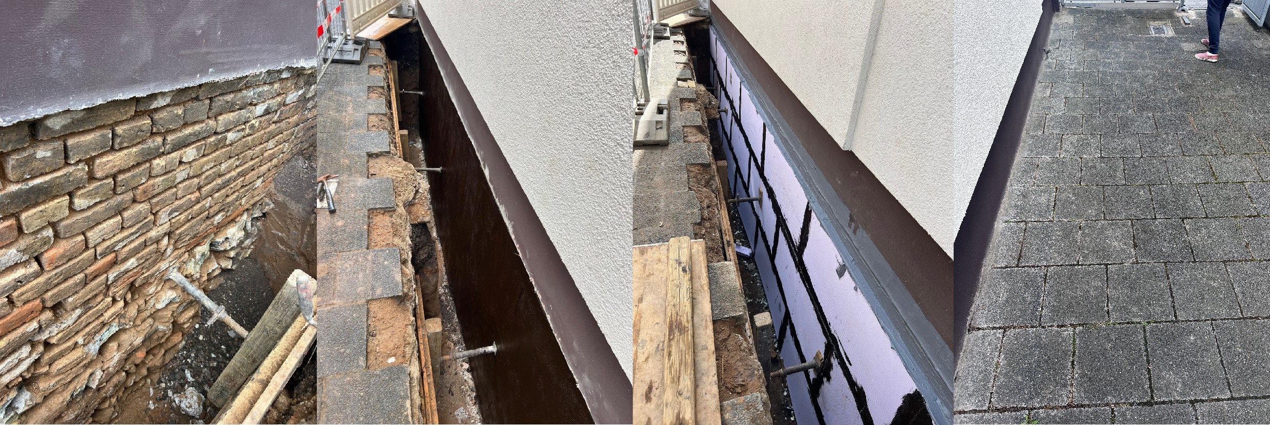 Arbeiten zur Hausabdichtung in Frankfurt mit freigelegter Kellerwand, Abdichtungsschicht und erneuerter Fassadenbeschichtung zur Feuchtigkeitssanierung.