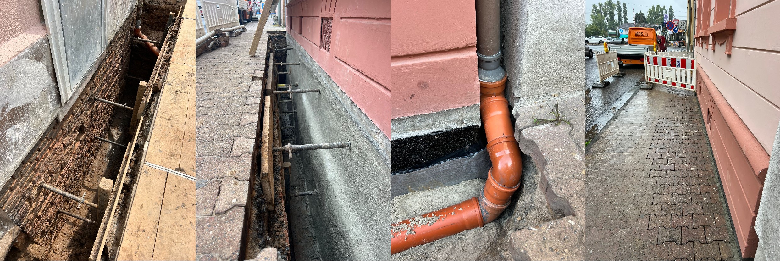 Professionelle Hausabdichtung in Frankfurt mit Erdarbeiten, Rohrverlegung und Wiederherstellung des Bürgersteigs nach erfolgreicher Abdichtung.