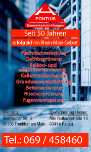 Banner mit Kontaktdaten und Leistungen der Pontius GmbH – Abdichtungstechnik Frankfurt: Bauwerksabdichtung, Flachdachsanierung, Balkon- & Terrassenabdichtung, Kellertrockenlegung, Bautenschutz.
