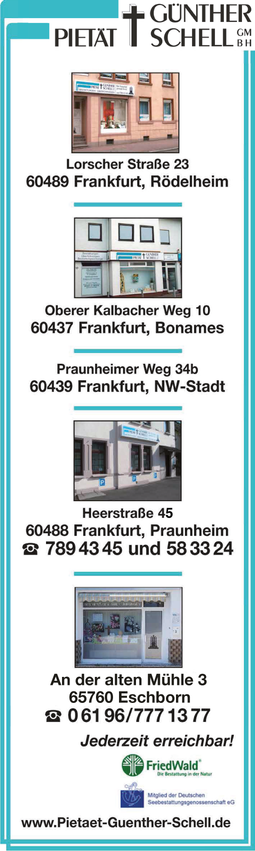 Pietät Günther Schell in Frankfurt - jederzeit erreichbar - berät zur Bestattungsvorsorge