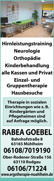 Hirnleistungstraining, Neurologie, Orthopädie, Kinderbehandlung alle Kassen und Privat; Einzel- und Gruppentherapie, Hausbesuche Rabea Goebel Mühlheim und Rodgau, Therapie in sozialen Einrichtungen z.B. Kindergärten und Pflegeheimen