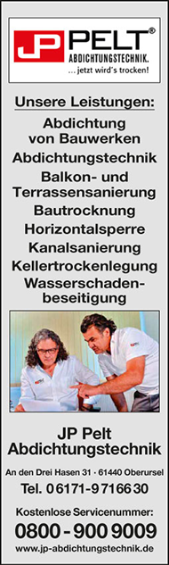 JP Pelt Abdichtungstechnik, jetzt wird's trocken. Abdichtung von Bauwerken, Abdichtungstechnik, Balkon- und terrassensanierung, Bautrocknung, Horizontalsperre, Kanalsanierung, Kellertrockenlegung, Wasserschadenbeseitigung