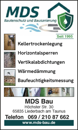 Banner von MDS Bautenschutz und Bausanierung Liederbach mit Kontaktdaten und Leistungen für Kellerisolierung – Ratgeber Frankfurt
