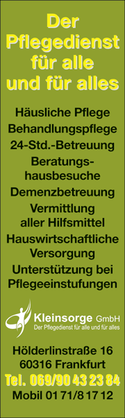 Banner mit Kontaktdaten und Leistungen der Seniorenpflege Frankfurt für Beratung, Betreuung und individuelle Pflegeangebote.