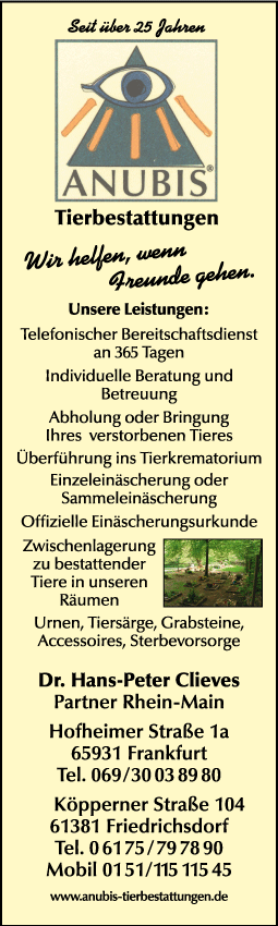ANUBIS Tierbestattungen, Abholung und Bringung des verstorbenen Tieres, Einzeleinäscherung oder Sammeleinäscherung, Urnen, Tiersärge, Grabsteine