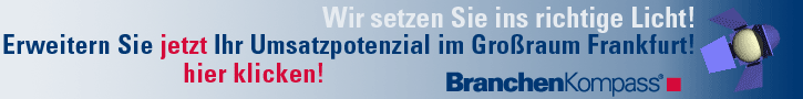 Banner Branchenkompass. Wir setzen Sei ins rechte Licht. Erweitern Sie Ihr Umsatzpotenzial im Großraum Frankfurt. Print und Web. Werbung in einmaliger Kombination